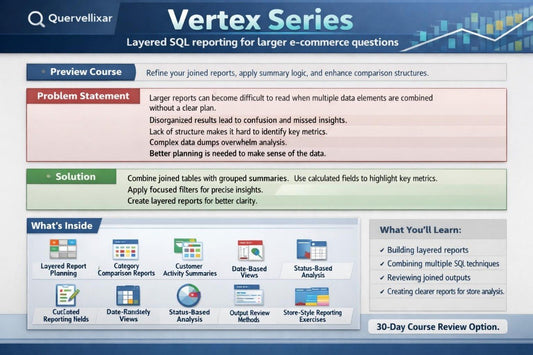 Quervellixar Vertex Series SQL reporting course overview on a blue background