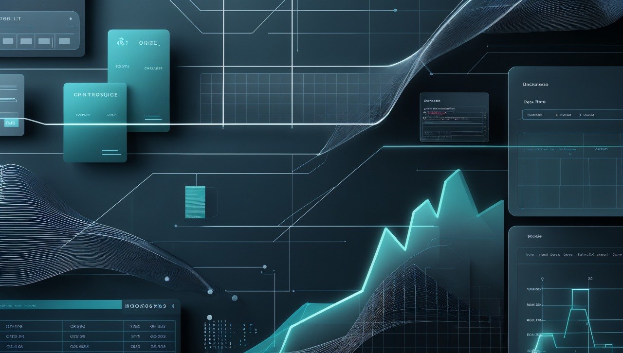 Teal and black technical diagram with graphs and cloud icon