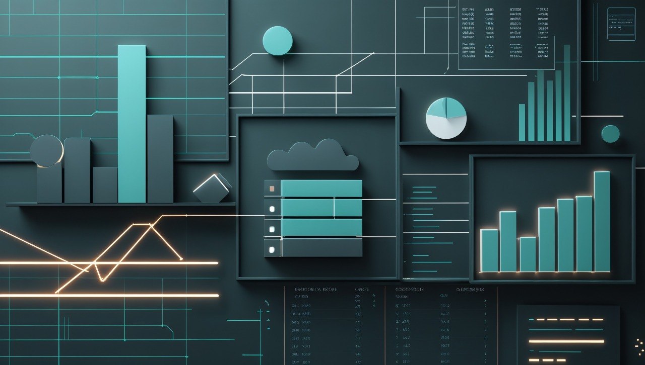 Teal and black technical diagram with graphs and cloud icon
