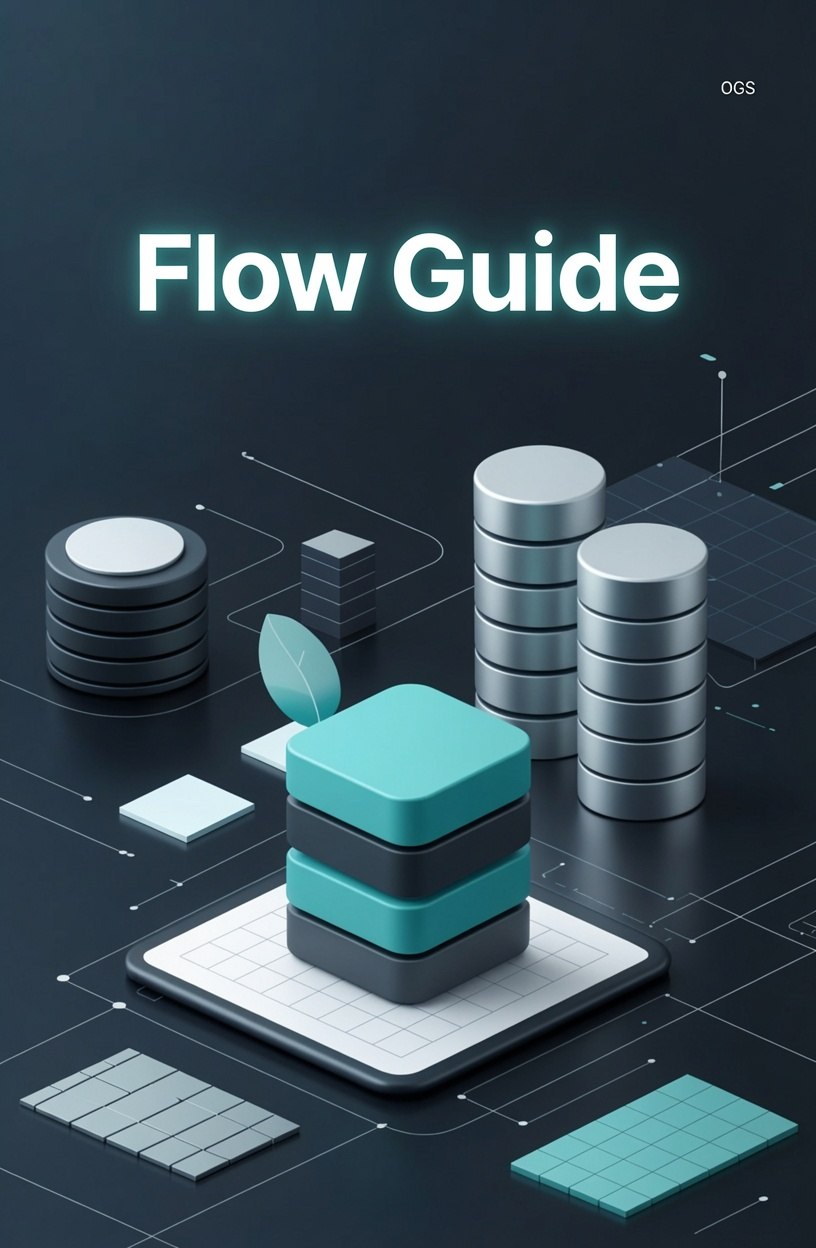 Digital illustration of a flow guide with stacked blocks and icons on a dark background