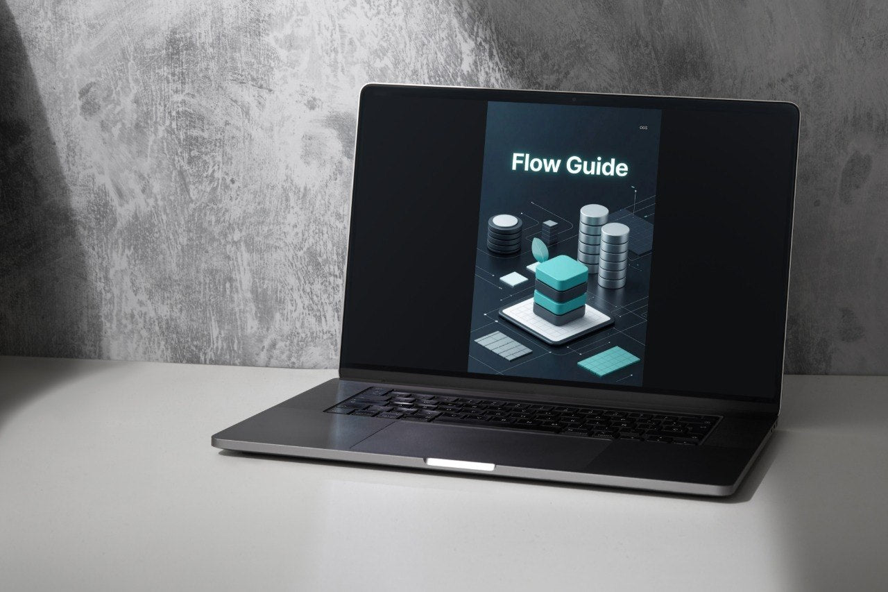 Laptop on a gray surface with a 'Flow Guide' displayed on the screen against a concrete wall.