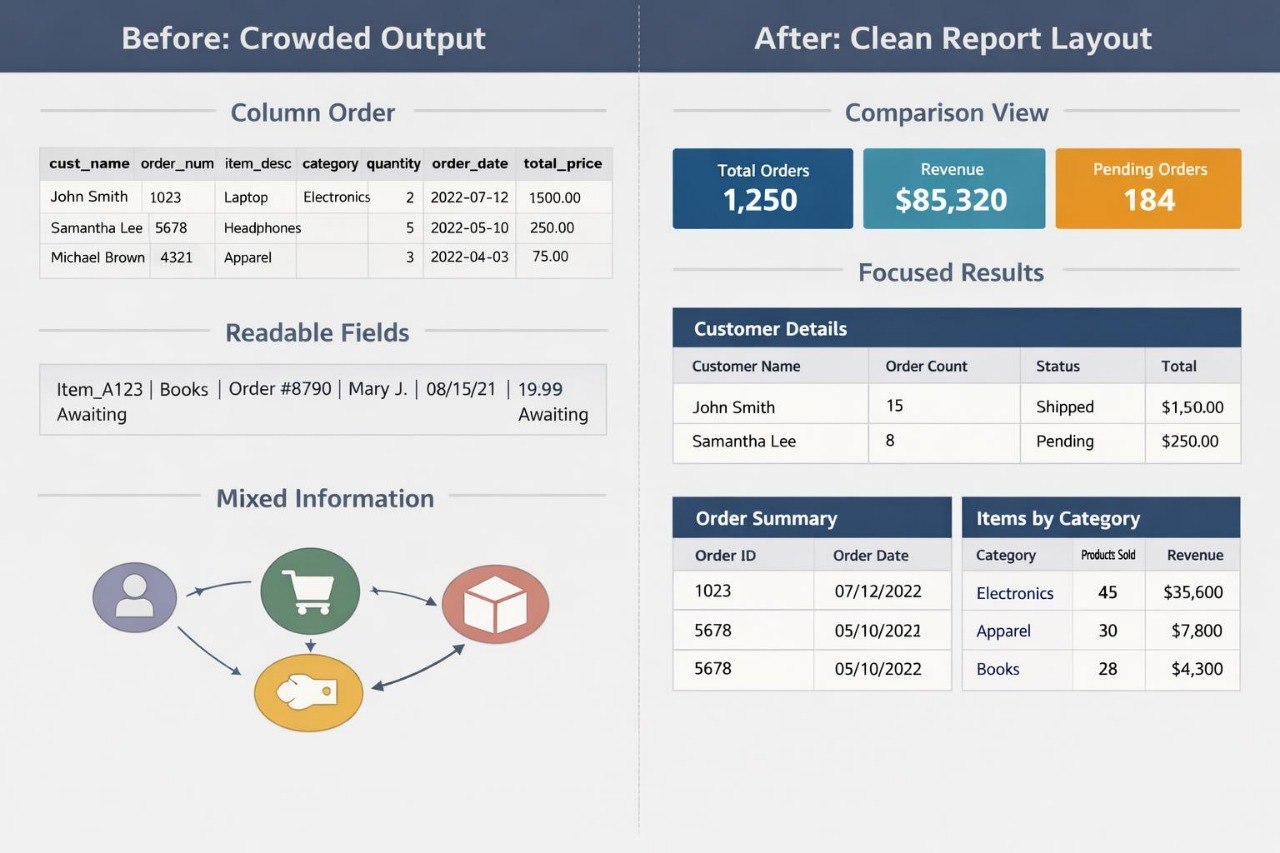 Comparison of 'Before' and 'After' design of a report layout with improved readability and clarity.