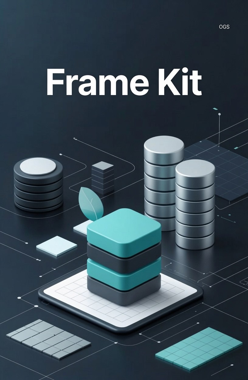 3D illustration of stacked geometric shapes with 'Frame Kit' text on a dark background