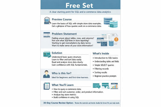 Free SQL and e-commerce data analytics course overview on a white background