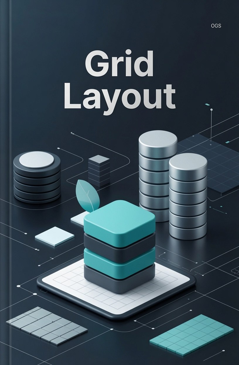 Illustration of a grid layout with stacked cylindrical objects on a dark background