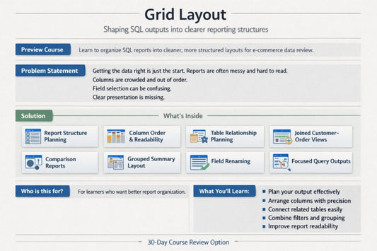 Course overview slide for 'Grid Layout' with course details and objectives.