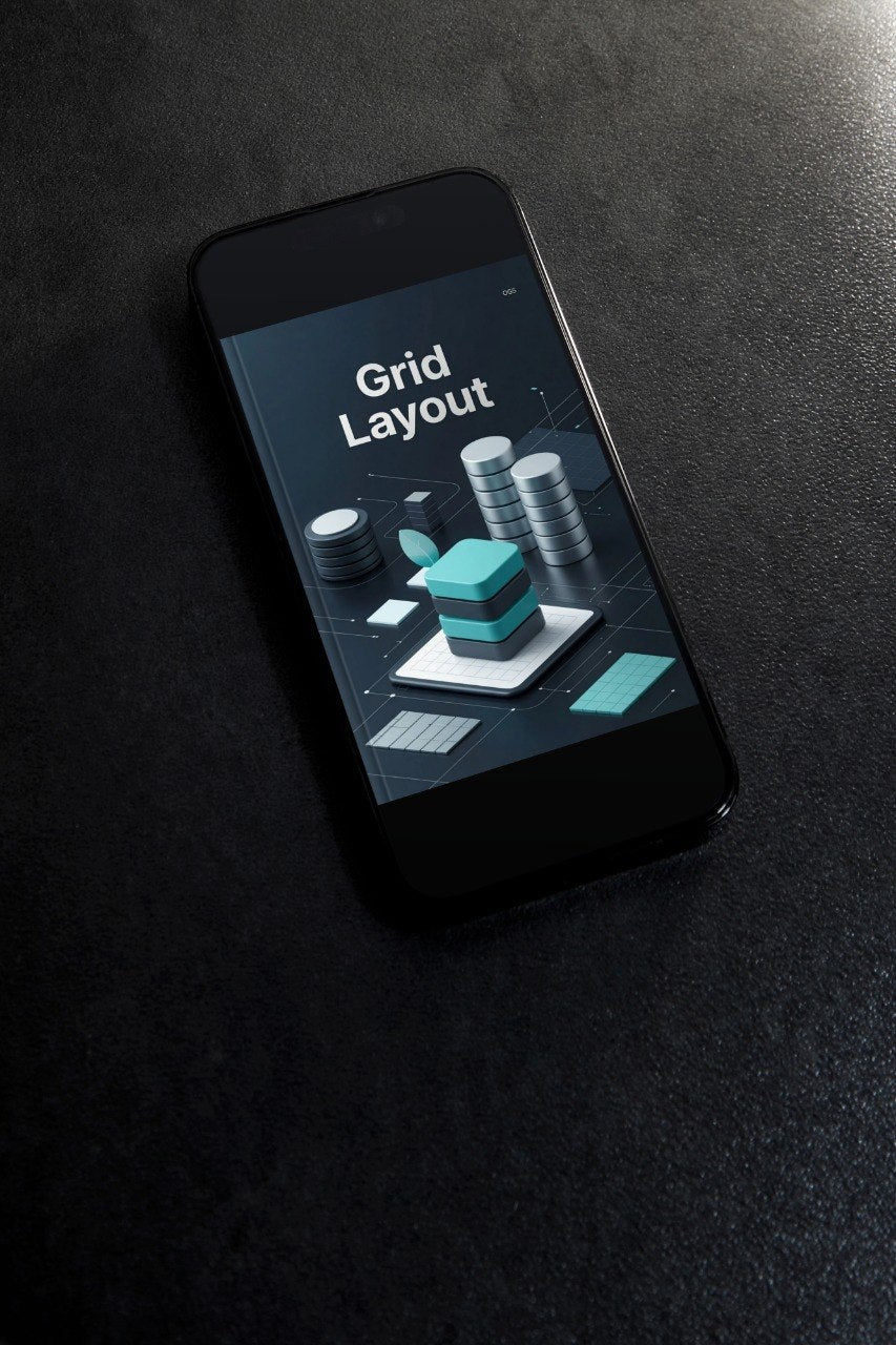 Phone with grid layout design on a dark surface