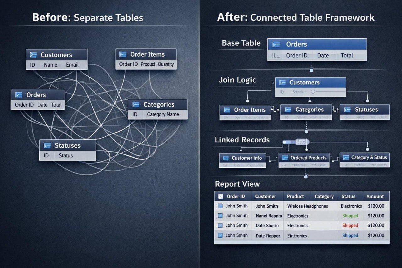 Diagram comparing separate tables to a connected table framework on a dark background.