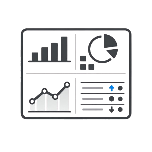 Icon of a digital dashboard with graphs and charts on a white background