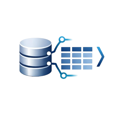 Database icon with a table and arrow on a white background