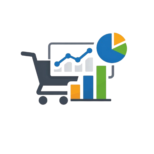 Shopping cart with statistical graphs and charts on a white background
