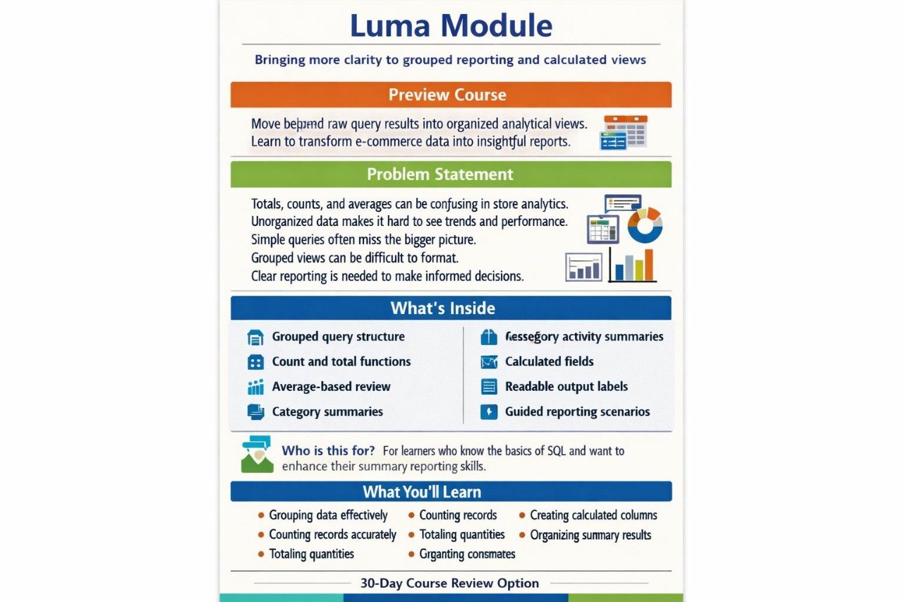 Luma Module course overview with text and icons on a white background
