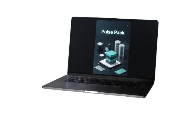 Laptop with 'Pulse Pack' displayed on the screen against a white background