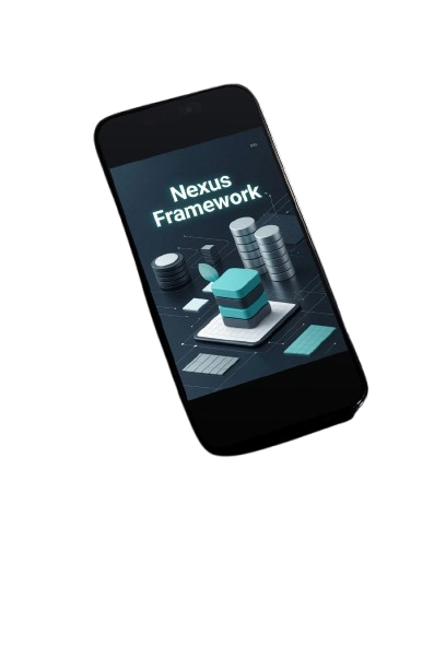 Phone displaying 'Nexus Framework' on a white background