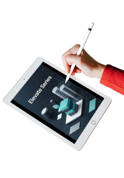 Hand holding a stylus over a tablet displaying 'Elevate Series' design on a white background