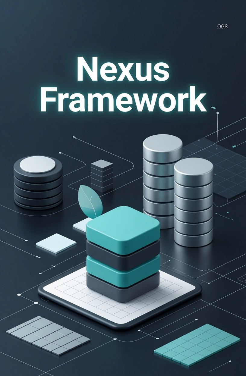 Nexus Framework logo with stacked blocks and network design on a dark background
