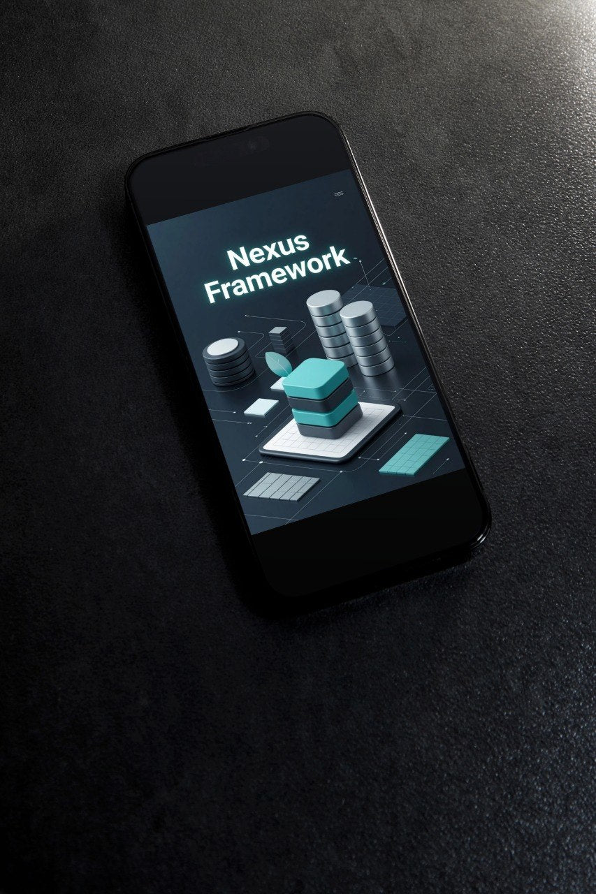 Phone displaying 'Nexus Framework' on a dark surface
