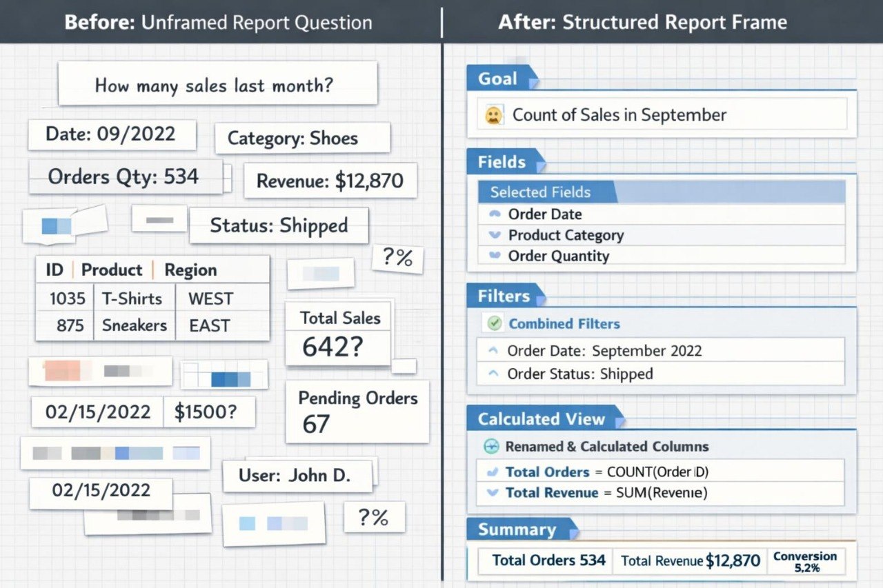 Comparison of an unframed report question interface with a structured report frame interface.