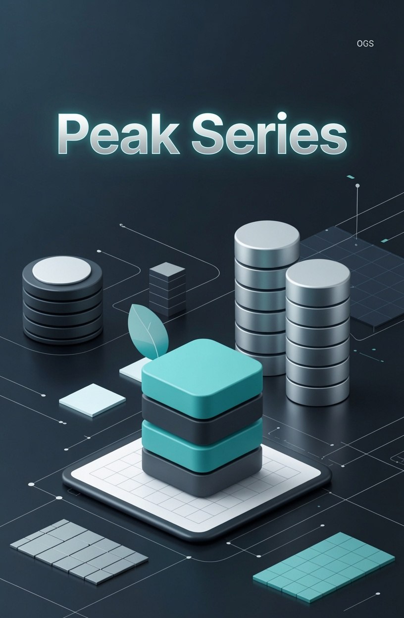 Geometric design with stacked cylindrical shapes and 'Peak Series' text on a dark background