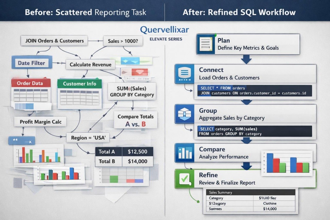 Comparison of a scattered reporting task before and after using Quervellixar's refined SQL workflow.
