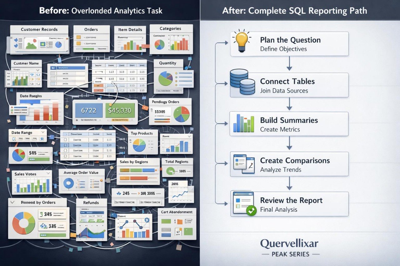 Comparison of overloaded analytics task versus complete SQL reporting path with Quervellixar branding.