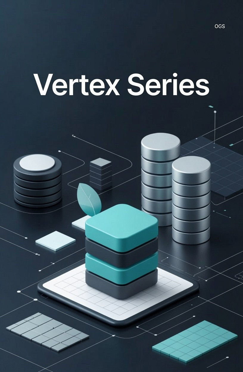 Product packaging for 'Vertex Series' with geometric design elements on a dark background.