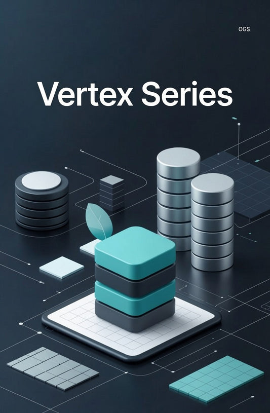 Product packaging for 'Vertex Series' with geometric design elements on a dark background.