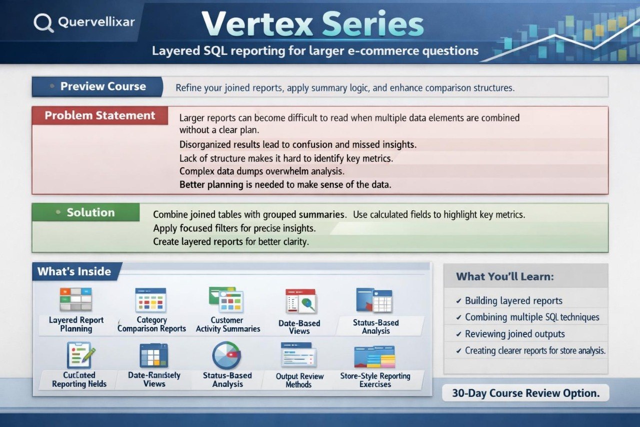 Quervellixar Vertex Series SQL reporting course overview on a blue background
