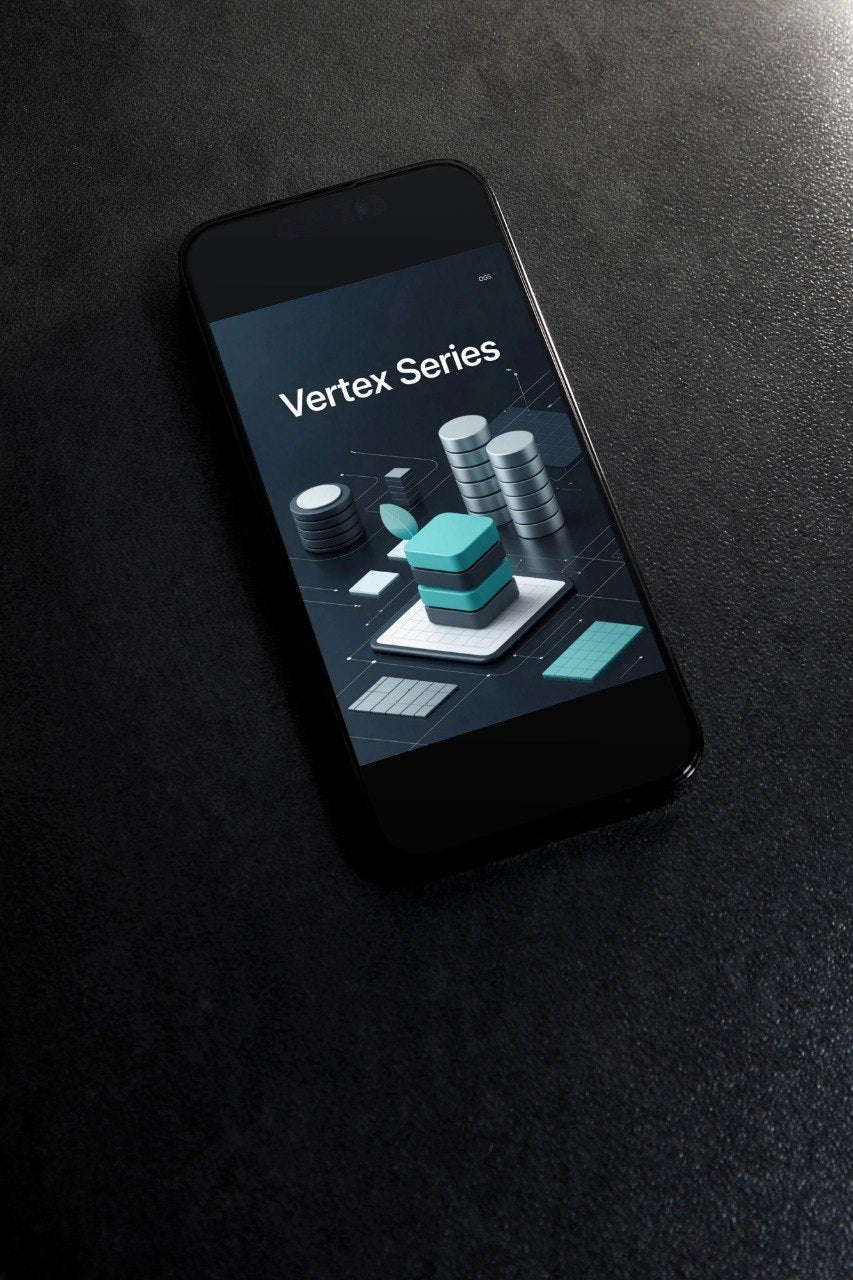 Phone displaying 'Vertex Series' on a dark surface