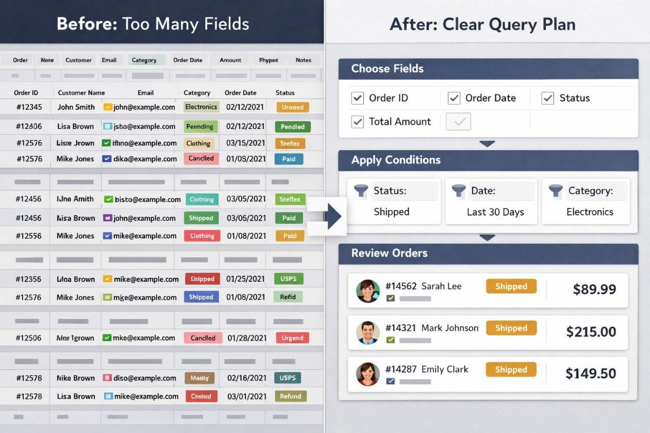 Comparison of a database query interface before and after applying a clear query plan.